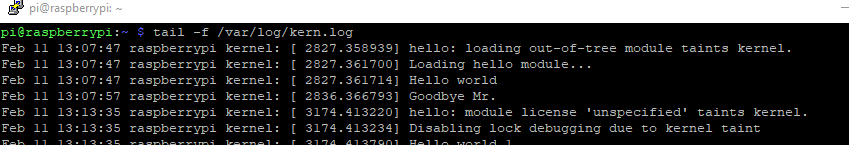 checking kernel logs for hello world kernel module